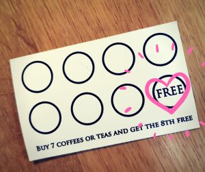 Reverse side of Loyalty Card for Abbey Cottage Tearoom. Get seven stamps for a free eighth coffee or tea.