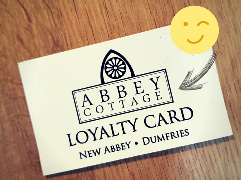 Image of front side of loyalty card for Abbey Cottage Tearoom, New Abbey, Dumfries. For a free cup of coffee or tea.